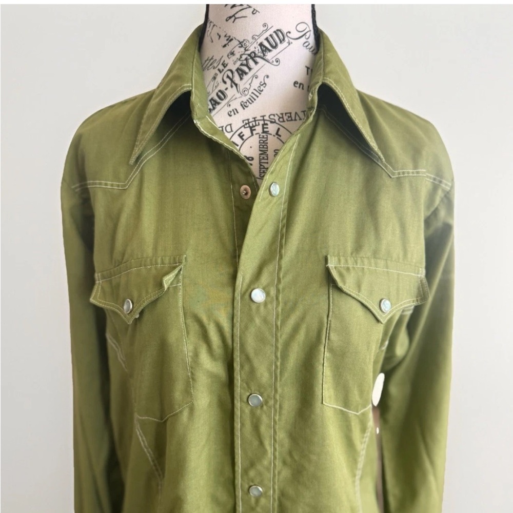 Vintage 70s H Bar C Ranchwear Olive Avocado Green Pearl Snap Western Down Shirt